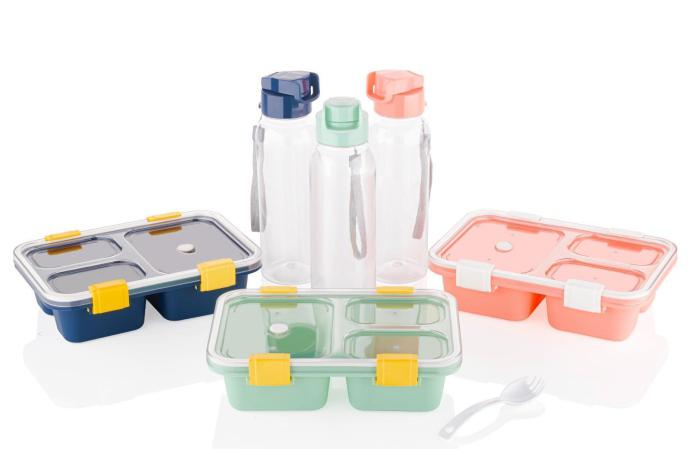 Lunch Box - 4 Side Lock, 3 Section + Bottle Combo